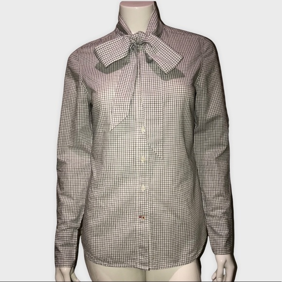* SOLD * Tommy Hilfiger Pussy Bow Windowpane Print Button front Cotton Shirt - S - Picture 5 of 14